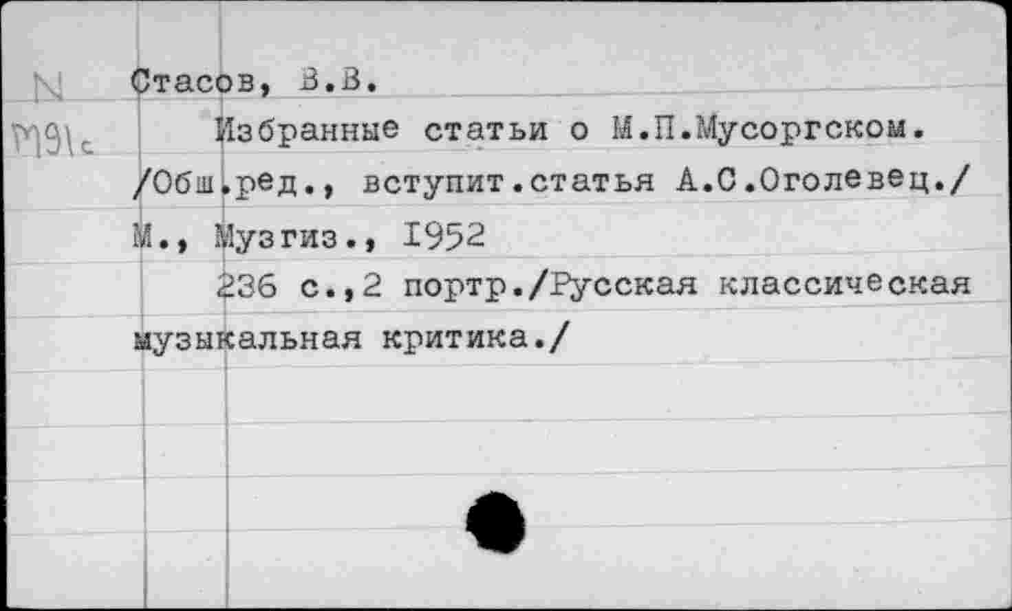 ﻿Стасов, В.В.
Избранные статьи о М.П.Мусоргском.
/Обш.ред., вступит.статья А.С.Оголевец./
М., Музгиз., 1952
236 с.,2 портр./Русская классическая музыкальная критика./